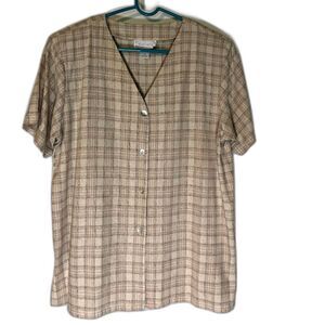 Silk Land 100% Silk Beige/White Plaid Business Casual V-Neck Button Down Top M